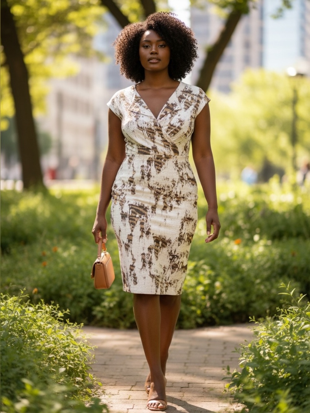Cream and White Sheath Midi Dress with V-Neck and Cap Sleeves
